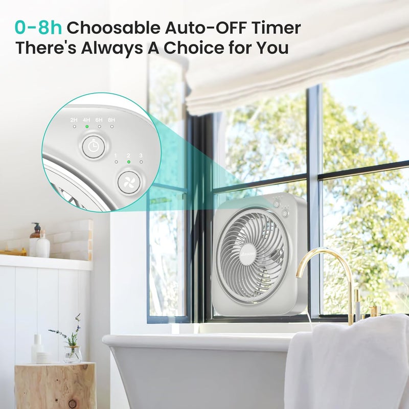 AMACOOL Table Fan, 12 inch Box Fan with 3 Adjustable Speeds & 8HRS Timer, Adjustable Angle Quiet Air Circulator, Desktop Fan for Bedroom Bathroom Kitchen Office, AC Adapter Included-Grey - Image 4
